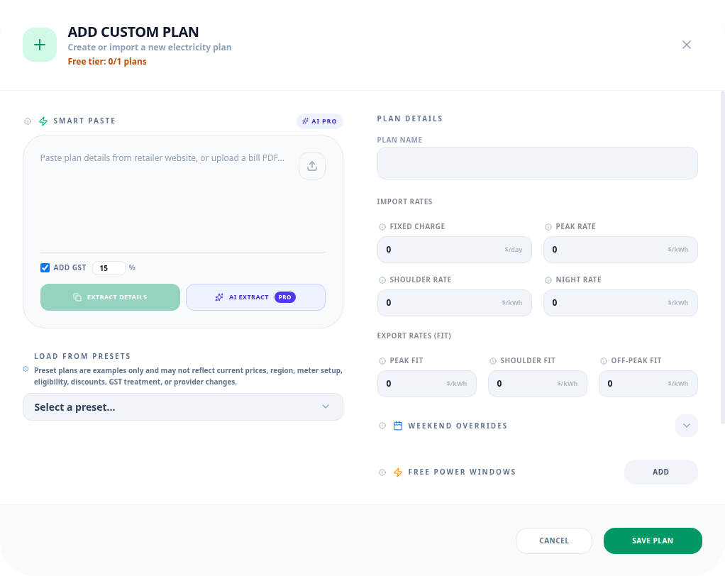 TrySolar plan modal with Smart Paste extracting rates, free power windows, and weekend overrides