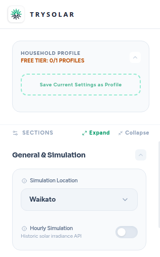 TrySolar sidebar configurator showing location, consumption, solar, and battery settings alongside provider rankings