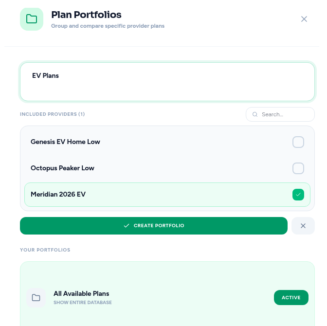 TrySolar plan portfolios modal for organising plan comparison groups